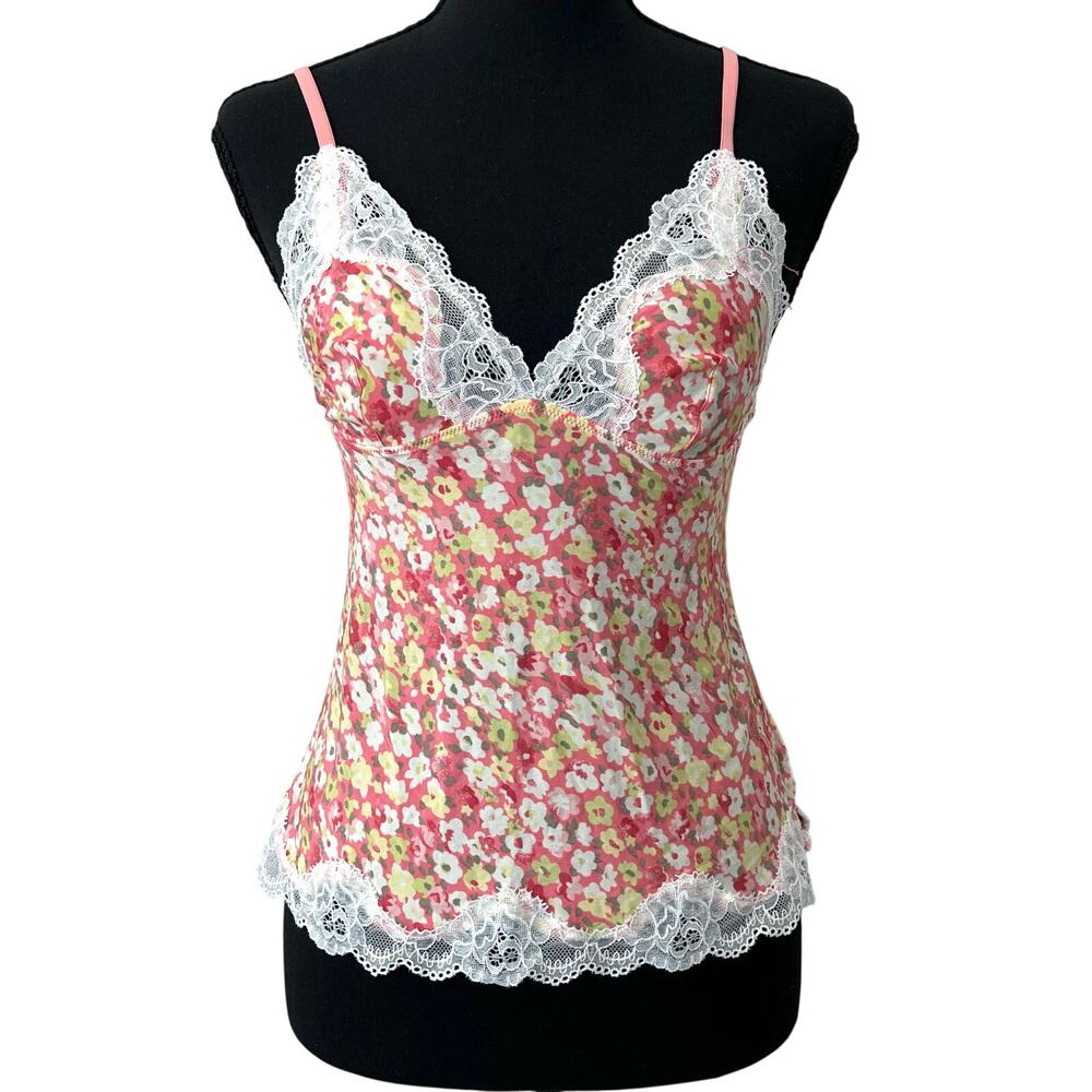 Vintage Jezebel babydoll Floral Lace Trim Camisole cami Tank Top fairy summer S